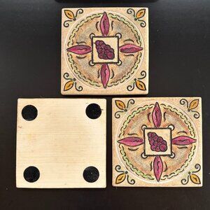 Hand-Painted Grape Tile Coasters - Set of 3